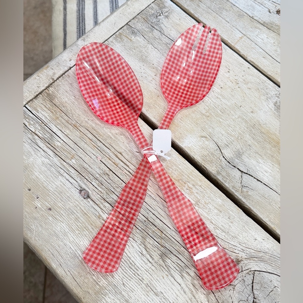 NWT Red Gingham Melamine Serving Set | Spoon and Fork. Checkered Rustic 12”